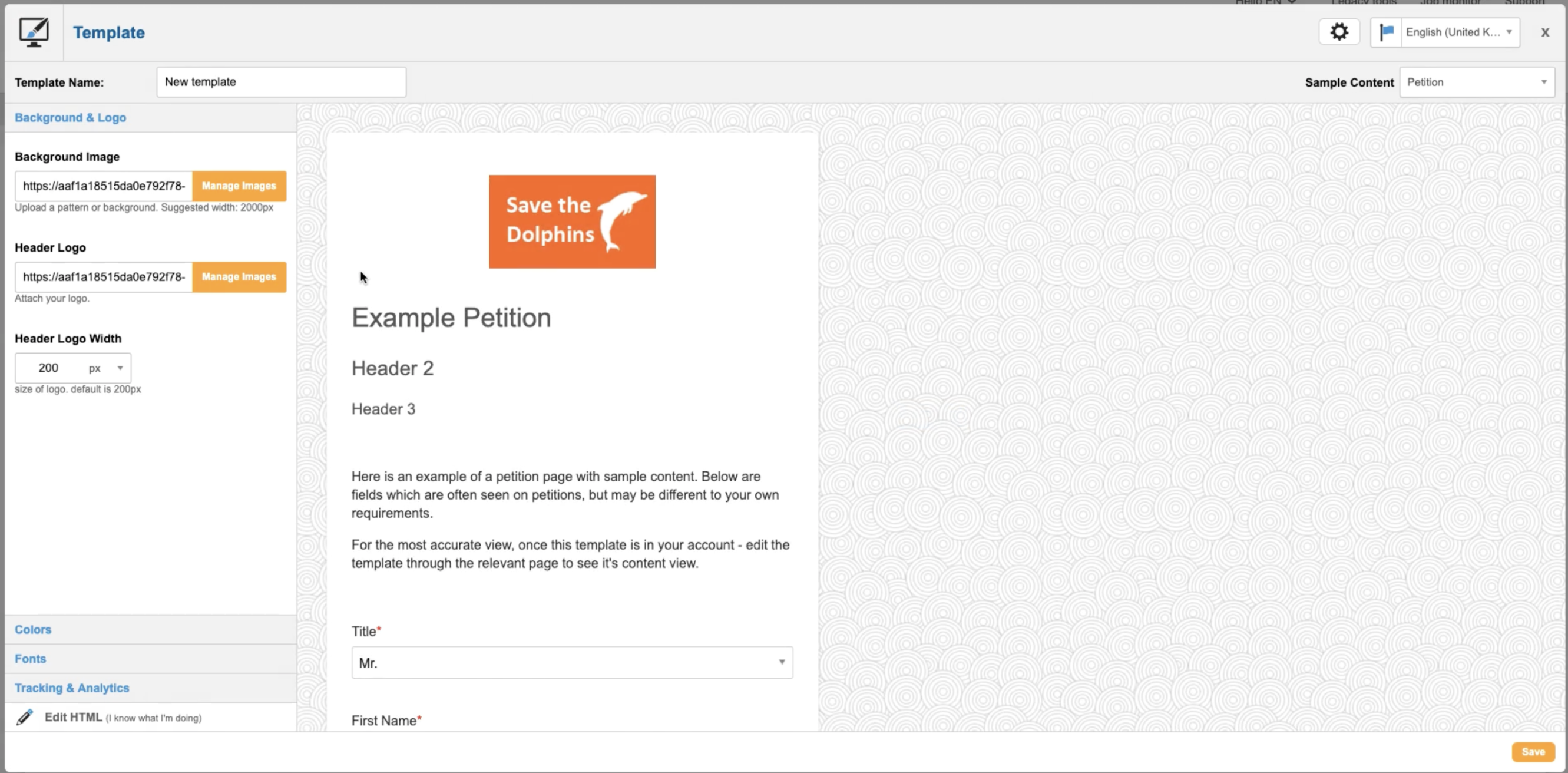 screenshot of Engaging Networks